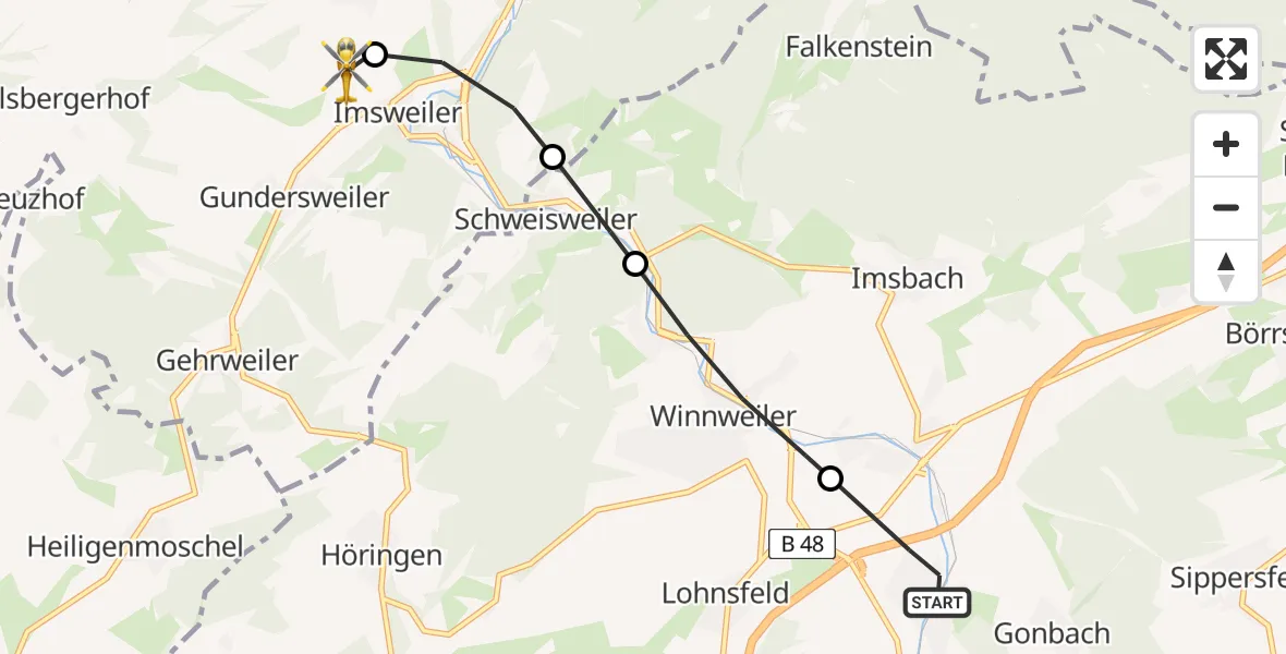 Flugroute Rettungshubschrauber Münchweiler an der Alsenz - Imsweiler UL, 10 April 2026, 15:36