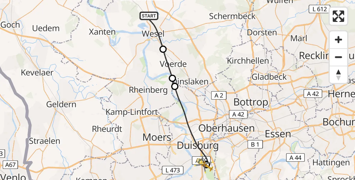 Flugroute Rettungshubschrauber Wesel - Sana Clinic Duisburg Hubschrauberlandeplatz, 10 April 2026, 15:50