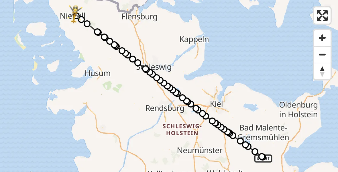Routekaart van de vlucht: Rettungshubschrauber nach Niebüll, Gather Landstraße