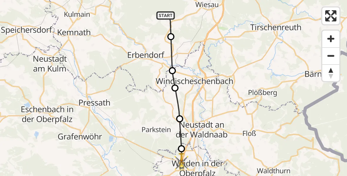 Flugroute Rettungshubschrauber Friedenfels - Weiden i.d.OPf., 10 April 2026, 15:55