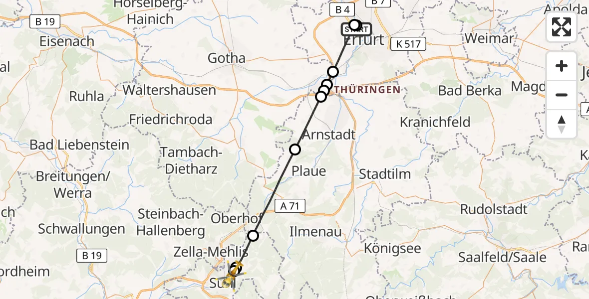 Flugroute Rettungshubschrauber Helios Clinic Erfurt - Suhl, 10 April 2026, 15:58