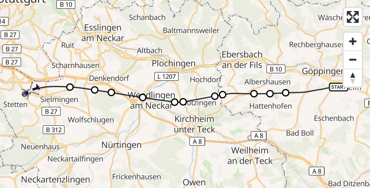 Flugroute Polizeihubschrauber Göppingen - Flughafen Stuttgart, 10 April 2026, 16:02