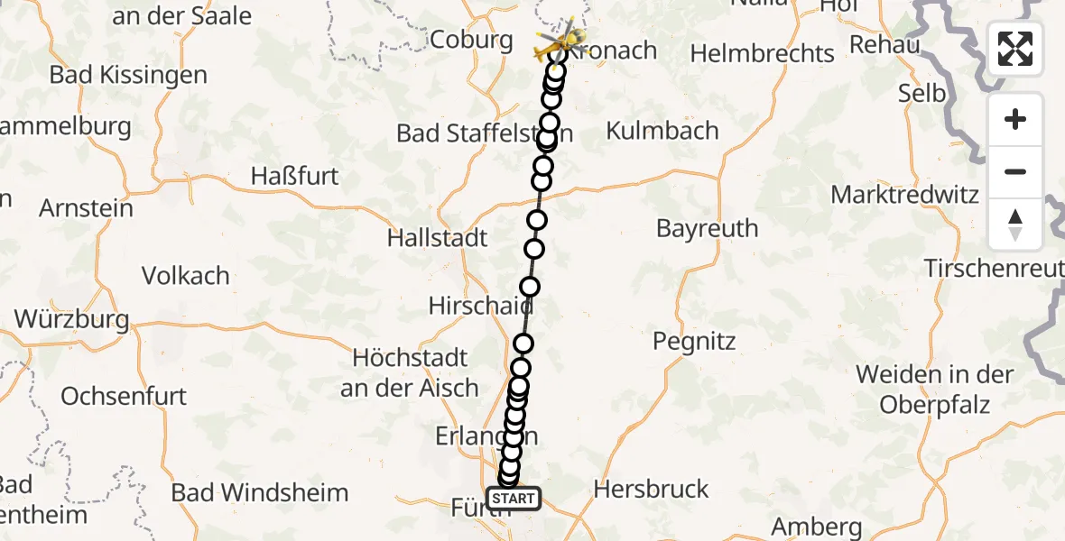 Flugroute Rettungshubschrauber Flughafen Nuremberg - Mitwitz, 10 April 2026, 16:04