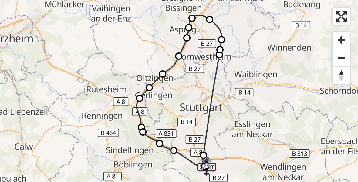 Flugroute Polizeihubschrauber Flughafen Stuttgart - Flughafen Stuttgart, 10 April 2026, 16:09