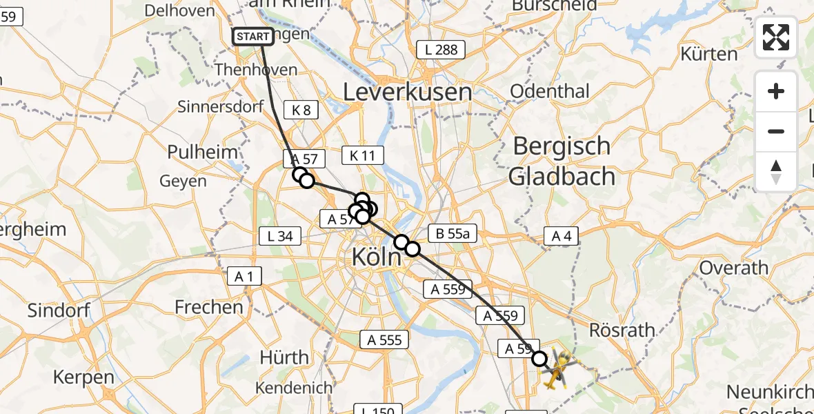 Flugroute Rettungshubschrauber Köln - Köln Bonn Flughafen, 10 April 2026, 16:15