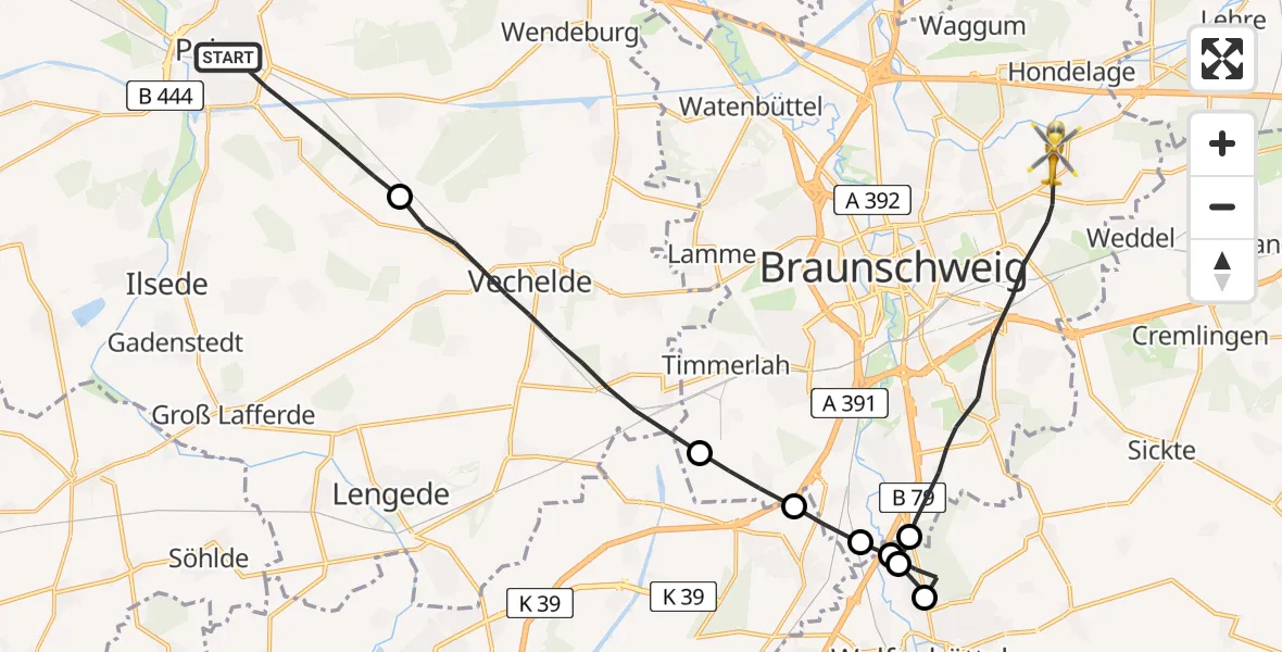 Flugroute Rettungshubschrauber Peine - Braunschweig, 10 April 2026, 16:20