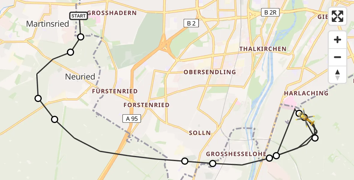 Flugroute Rettungshubschrauber DRF Air Rescue München Hubschrauberlandeplatz - Perlacher Forst, 10 April 2026, 16:21