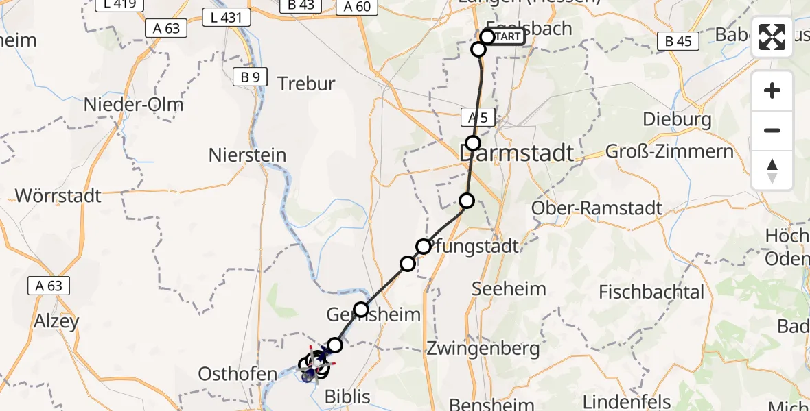 Flugroute Polizeihubschrauber Flughafen Frankfurt-Egelsbach - Biblis, 10 April 2026, 16:23