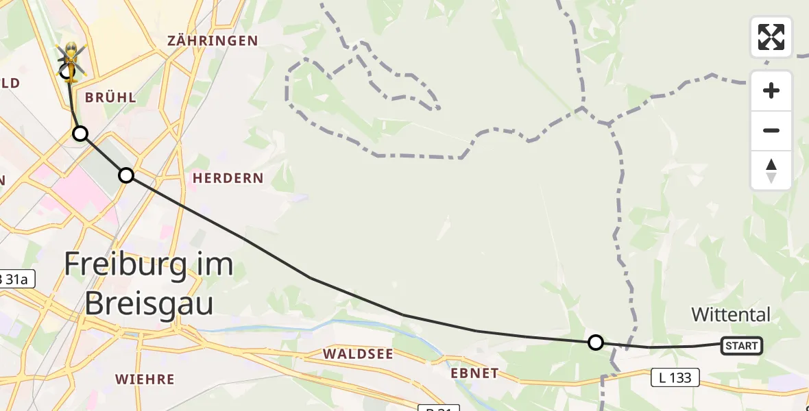 Flugroute Rettungshubschrauber Stegen - Freiburg im Breisgau Flugplatz, 10 April 2026, 16:26
