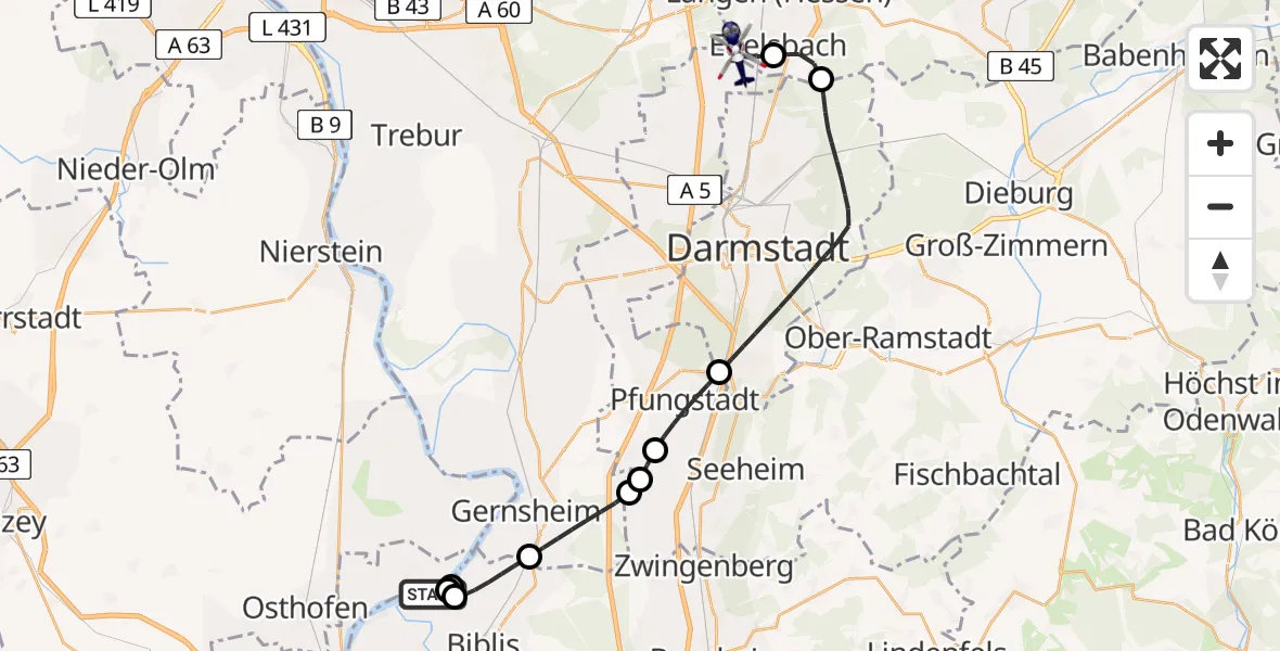 Flugroute Polizeihubschrauber Biblis - Flughafen Frankfurt-Egelsbach, 10 April 2026, 16:46