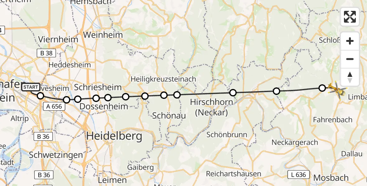 Flugroute Rettungshubschrauber Mannheim-City Flughafen - Limbach, 10 April 2026, 17:02