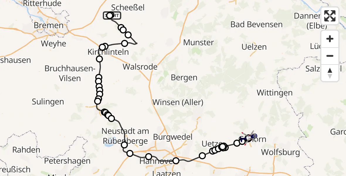 Flugroute Polizeihubschrauber Rotenburg (Wümme) Flugplatz - Gifhorn Bundespolizei Hubschrauberlandeplatz, 10 April 2026, 17:04
