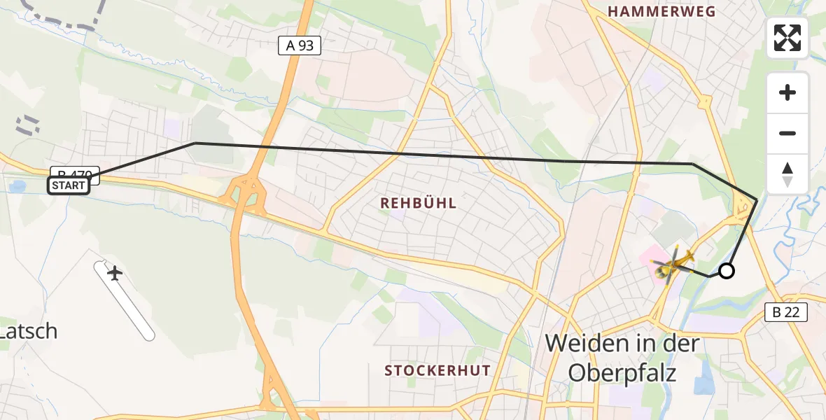 Flugroute Rettungshubschrauber Weiden i.d.OPf. - Weiden Hospital, 10 April 2026, 17:09