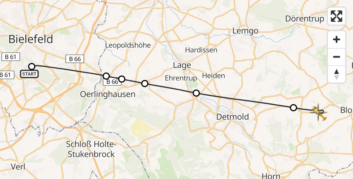 Flugroute Rettungshubschrauber Luftrettungszentrum Bielefeld - Blomberg, 10 April 2026, 17:13