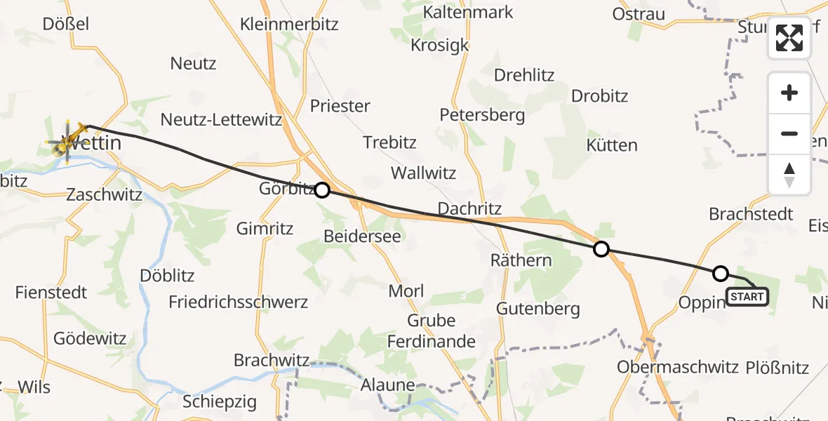 Flugroute Ambulanzhubschrauber Halle-Oppin Flugplatz - Wettin-Löbejün, 10 April 2026, 17:15