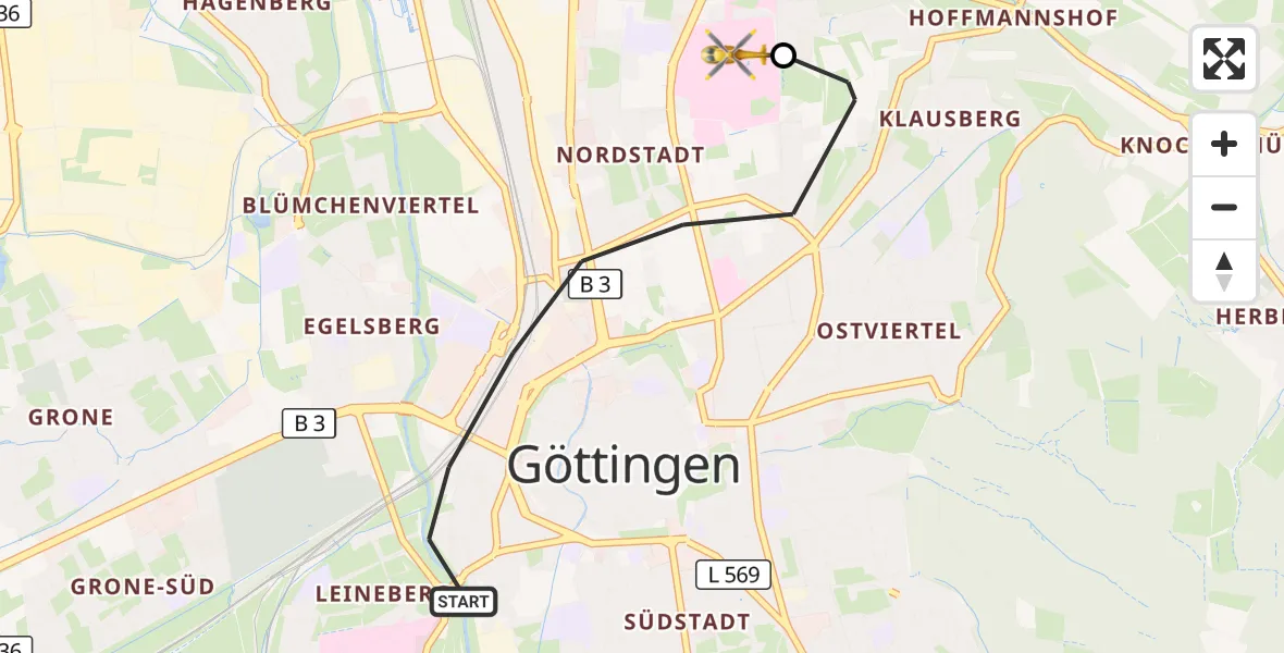 Flugroute Rettungshubschrauber Göttingen - Göttingen University Clinic Hubschrauberlandeplatz, 10 April 2026, 17:22