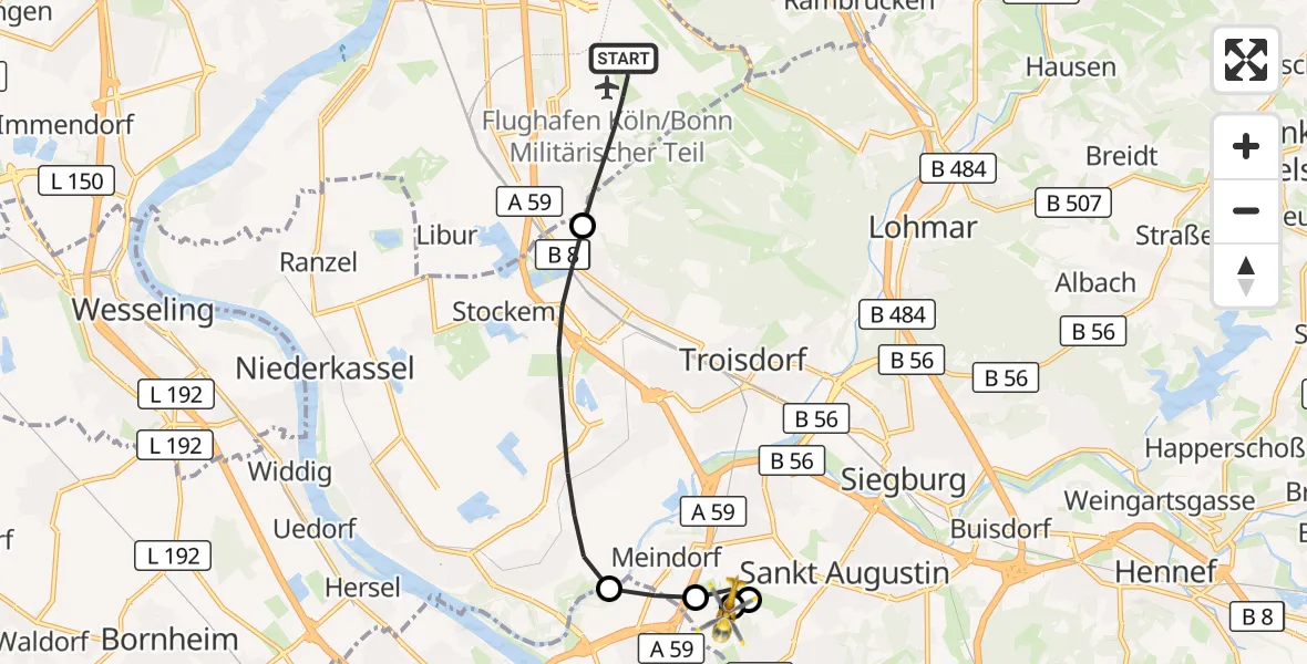 Flugroute Rettungshubschrauber Köln Bonn Flughafen - Sankt Augustin, 10 April 2026, 17:24