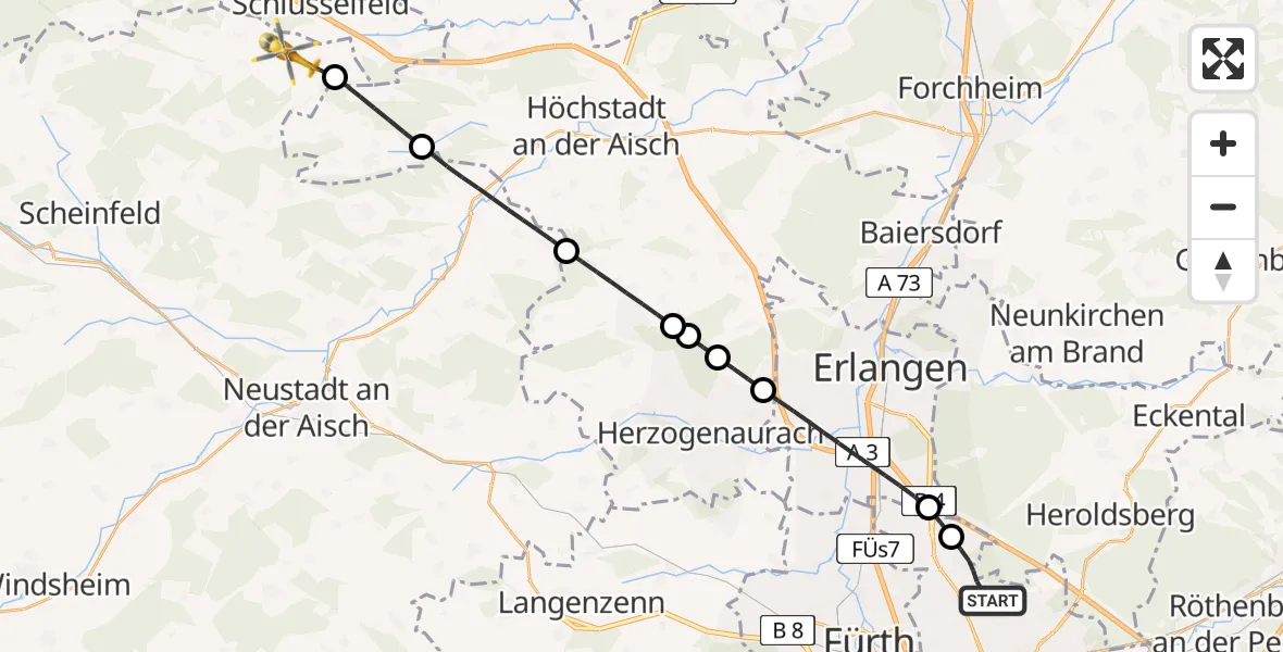 Flugroute Ambulanzhubschrauber Flughafen Nuremberg - Burghaslach, 10 April 2026, 17:28