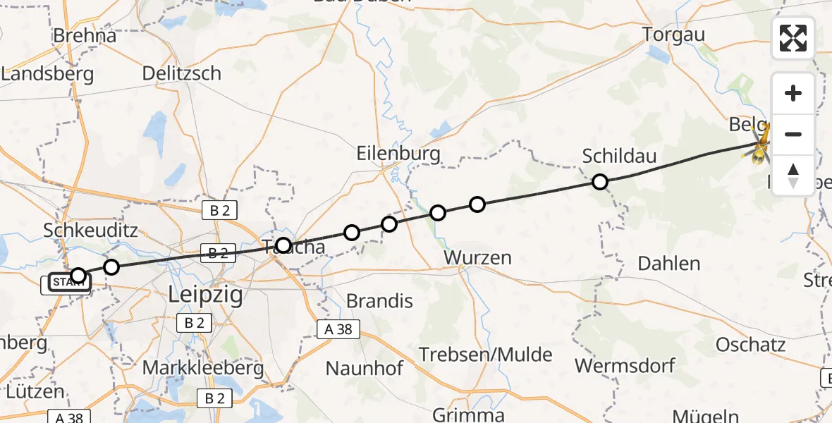 Flugroute Rettungshubschrauber ADAC Air Rescue Station Leipzig/Schkeuditz-Dölzig Hubschrauberlandeplatz (Christoph 61) - Belgern-Schildau, 10 April 2026, 17:37