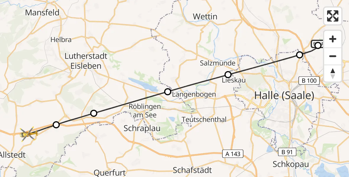 Flugroute Rettungshubschrauber Halle-Oppin Flugplatz - Allstedt, 10 April 2026, 17:54