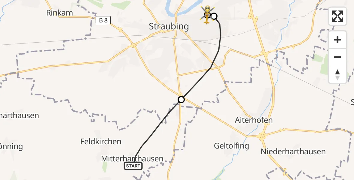 Flugroute Rettungshubschrauber Feldkirchen - Sankt Elisabeth Hospital Straubing, 10 April 2026, 17:56