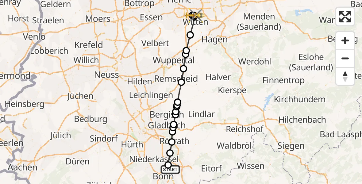 Flugroute Rettungshubschrauber Sankt Augustin - Bochum University Miners' Hospital, 10 April 2026, 18:11