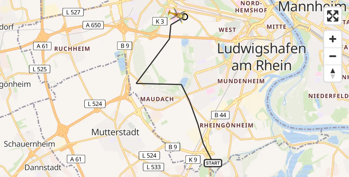 Flugroute Rettungshubschrauber Ludwigshafen am Rhein - Ludwigshafen Accident Hospital, 10 April 2026, 18:15