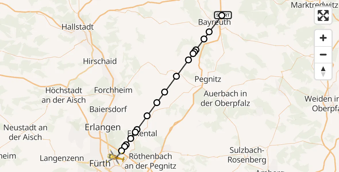 Flugroute Rettungshubschrauber Bindlach - Flughafen Nuremberg, 10 April 2026, 18:15