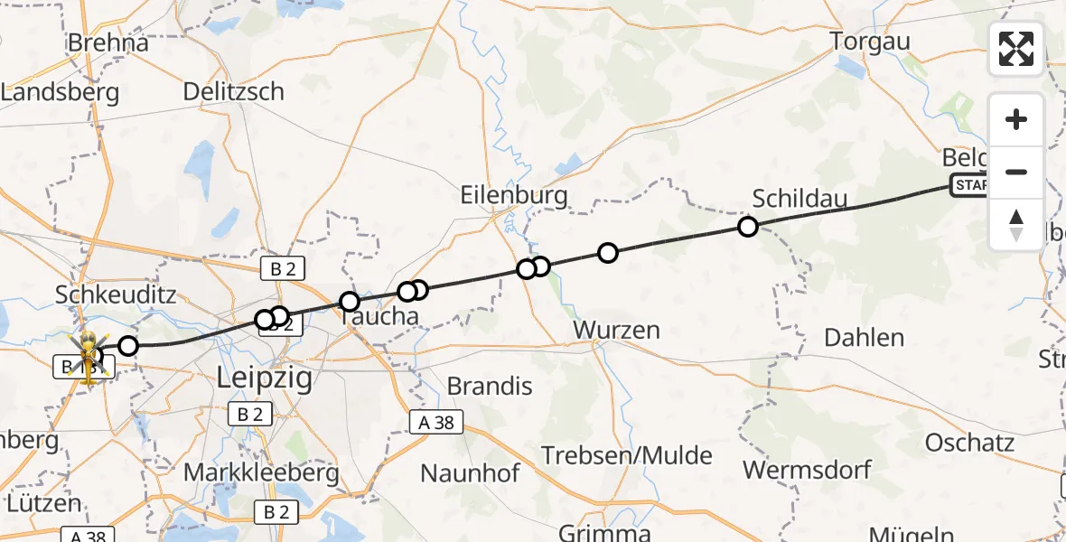 Flugroute Rettungshubschrauber Belgern-Schildau - ADAC Air Rescue Station Leipzig/Schkeuditz-Dölzig Hubschrauberlandeplatz (Christoph 61), 10 April 2026, 18:17