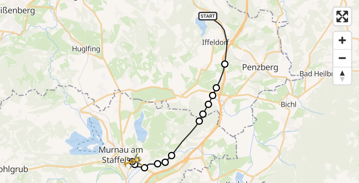 Flugroute Rettungshubschrauber Iffeldorf - Murnau Accident Hospital, 10 April 2026, 18:26