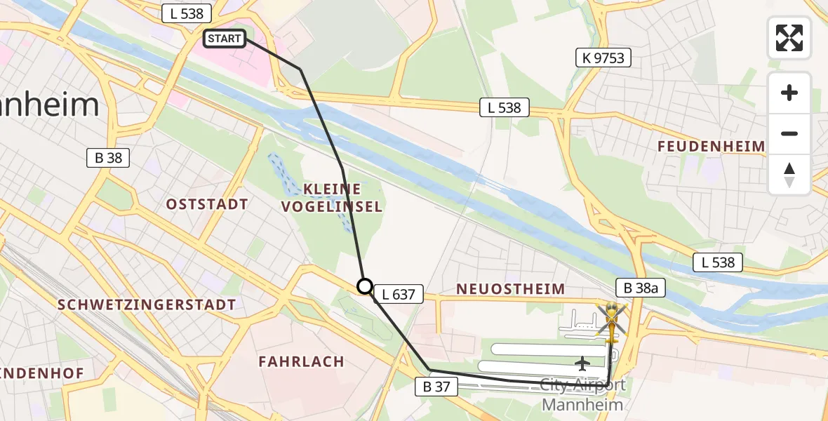 Flugroute Rettungshubschrauber Mannheim - Mannheim-City Flughafen, 10 April 2026, 18:40