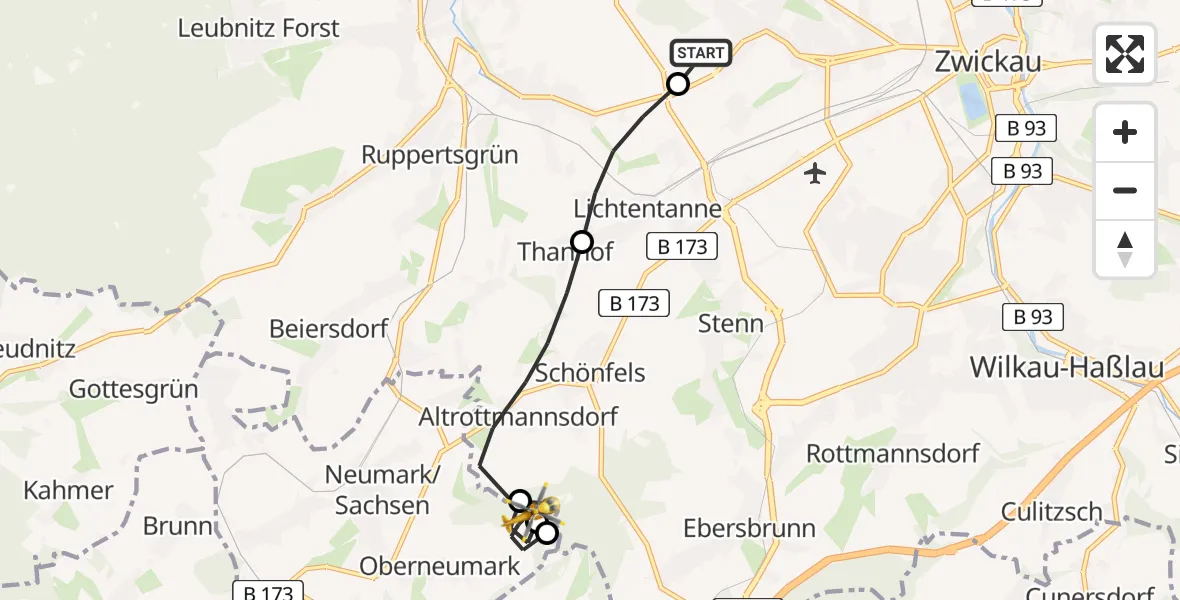Flugroute Rettungshubschrauber ADAC Air Rescue Station Zwickau Hubschrauberlandeplatz - Neumark, 10 April 2026, 18:49