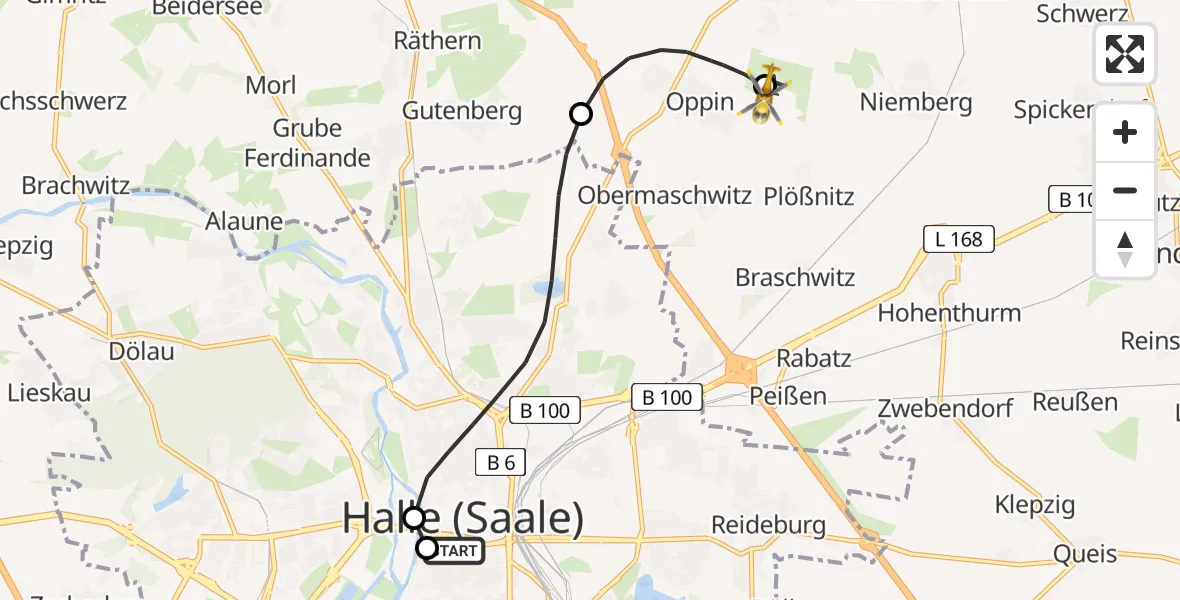 Flugroute Rettungshubschrauber Sankt Elisabeth and Sankt Barbara Hospital Halle (Saale) - Halle-Oppin Flugplatz, 10 April 2026, 18:53