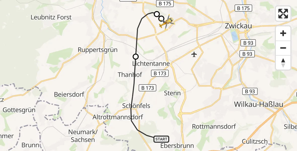 Flugroute Rettungshubschrauber Lichtentanne - ADAC Air Rescue Station Zwickau Hubschrauberlandeplatz, 10 April 2026, 19:03