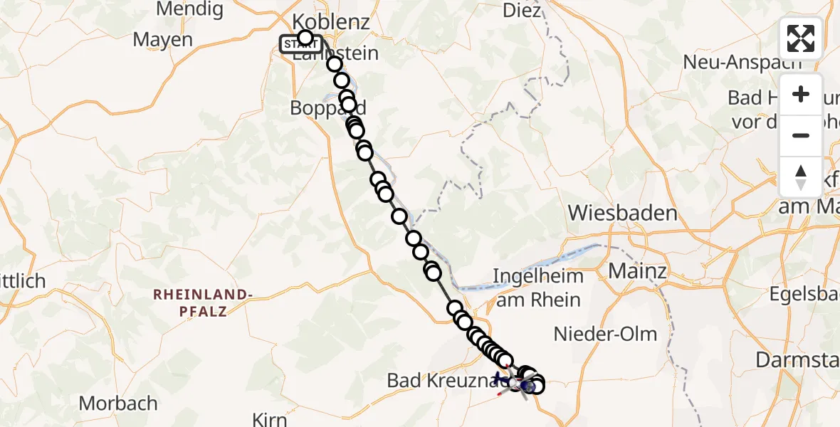 Flugroute Polizeihubschrauber Koblenz-Winningen Flugplatz - Gau-Bickelheim, 10 April 2026, 19:03