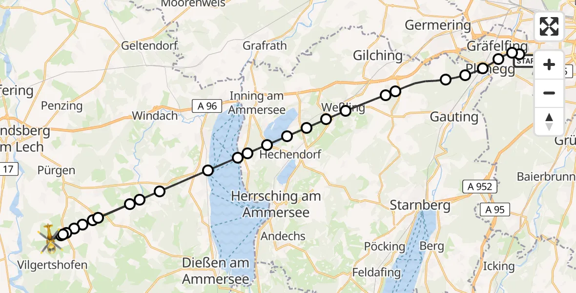 Flugroute Rettungshubschrauber DRF Air Rescue München Hubschrauberlandeplatz - Vilgertshofen, 10 April 2026, 19:09