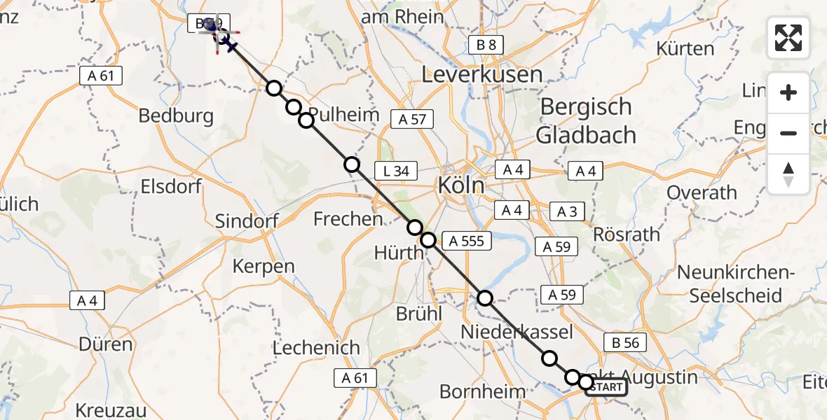 Flugroute Polizeihubschrauber Sankt Augustin - Grevenbroich, 10 April 2026, 19:11
