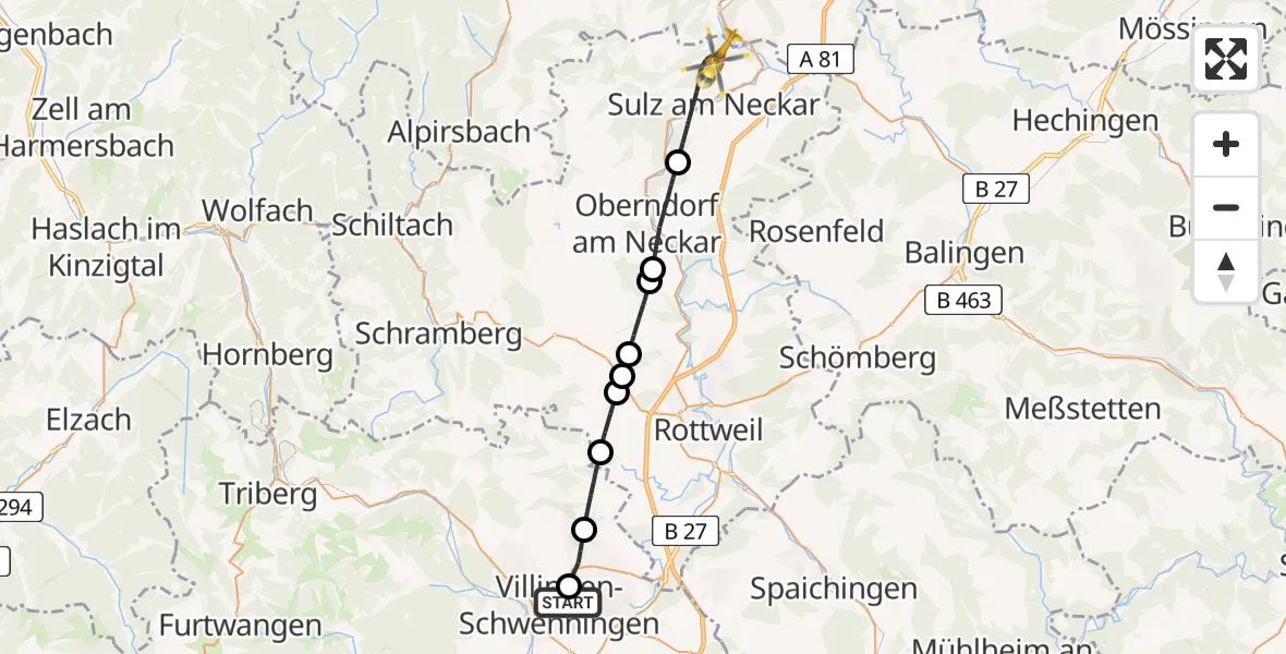 Flugroute Rettungshubschrauber DRF Air Rescue Station Villingen-Schwenningen Hubschrauberlandeplatz (Christoph 11) - Sulz am Neckar, 10 April 2026, 19:10