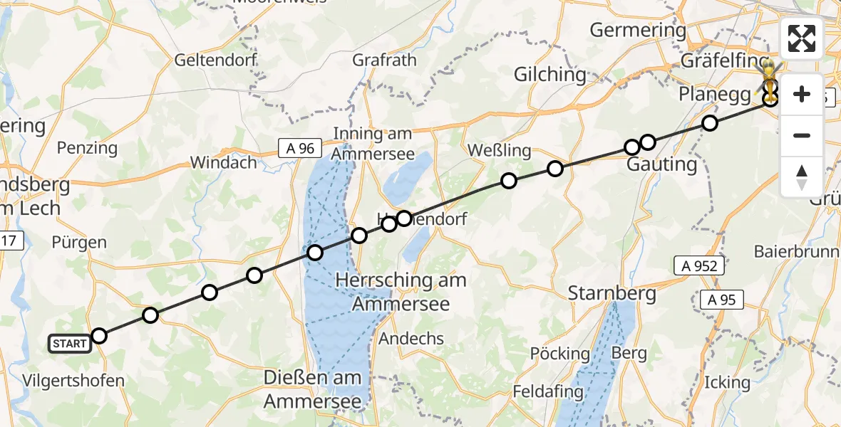 Flugroute Rettungshubschrauber Vilgertshofen - DRF Air Rescue München Hubschrauberlandeplatz, 10 April 2026, 19:50