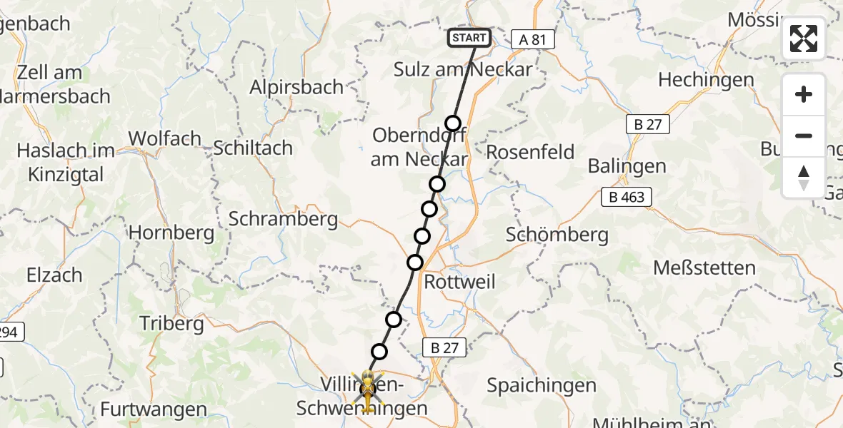 Flugroute Rettungshubschrauber Sulz am Neckar - DRF Air Rescue Station Villingen-Schwenningen Hubschrauberlandeplatz (Christoph 11), 10 April 2026, 19:56