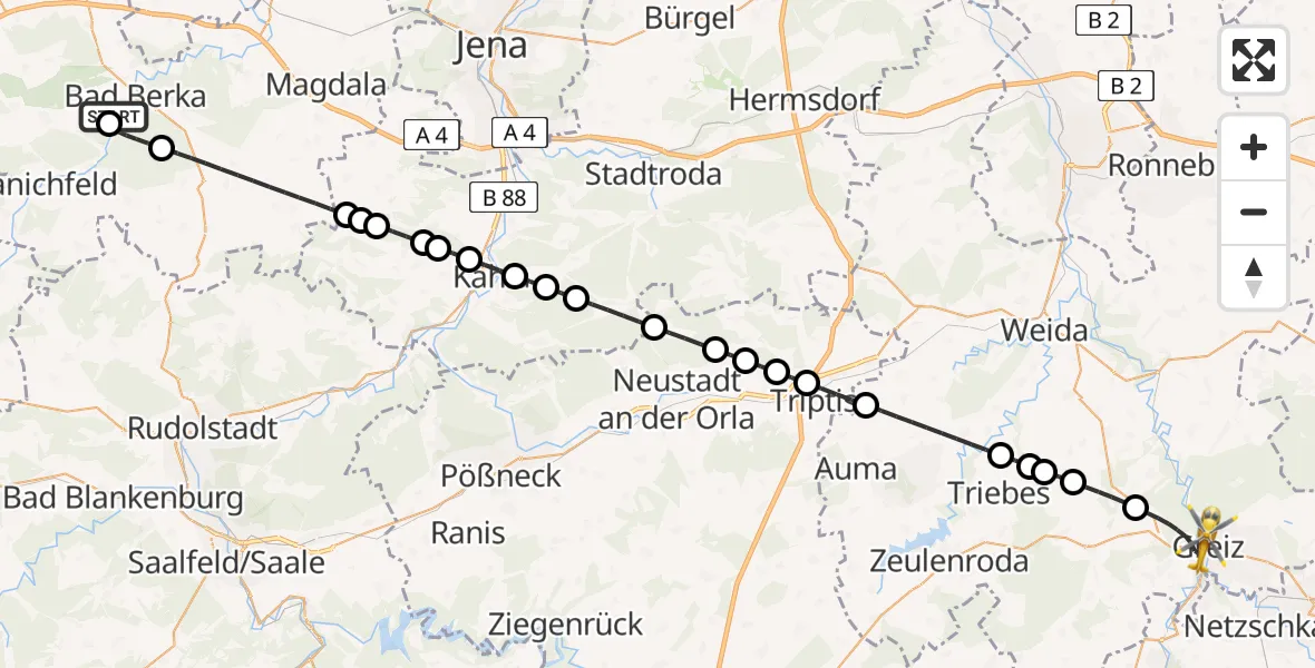 Flugroute Ambulanzhubschrauber Bad Berka Central Hospital - Greiz, 10 April 2026, 20:04