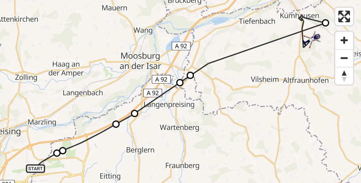 Flugroute Polizeihubschrauber München Flughafen - Kumhausen, 10 April 2026, 20:30