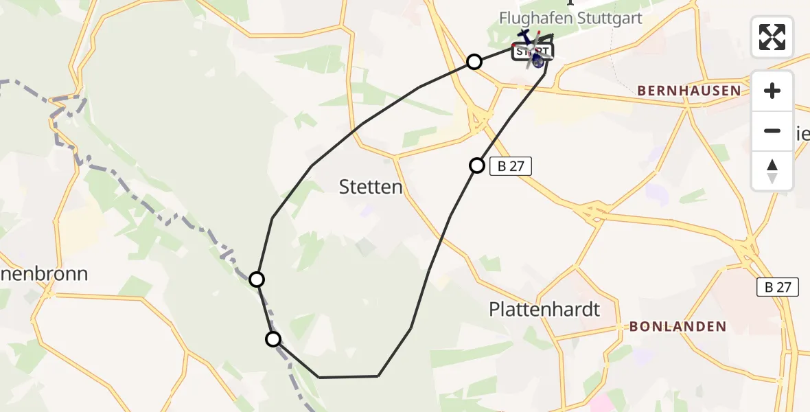 Flugroute Polizeihubschrauber Flughafen Stuttgart - Flughafen Stuttgart, 10 April 2026, 21:09