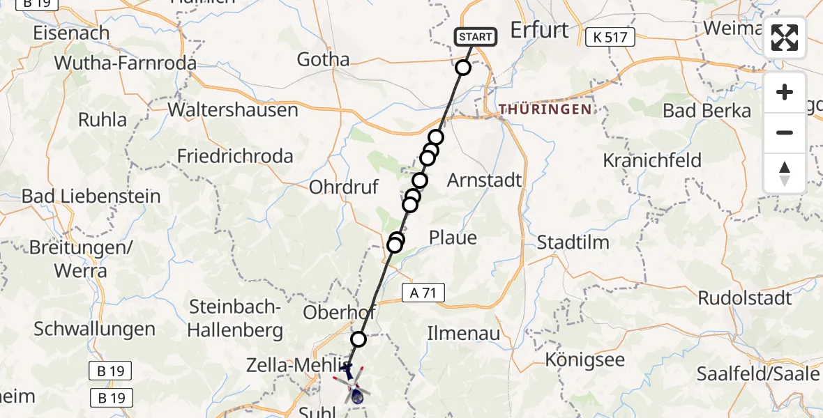 Flugroute Polizeihubschrauber Erfurt - Suhl, 10 April 2026, 21:25
