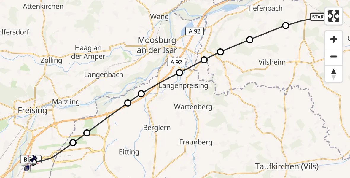 Flugroute Polizeihubschrauber Kumhausen - Hallbergmoos, 10 April 2026, 21:27