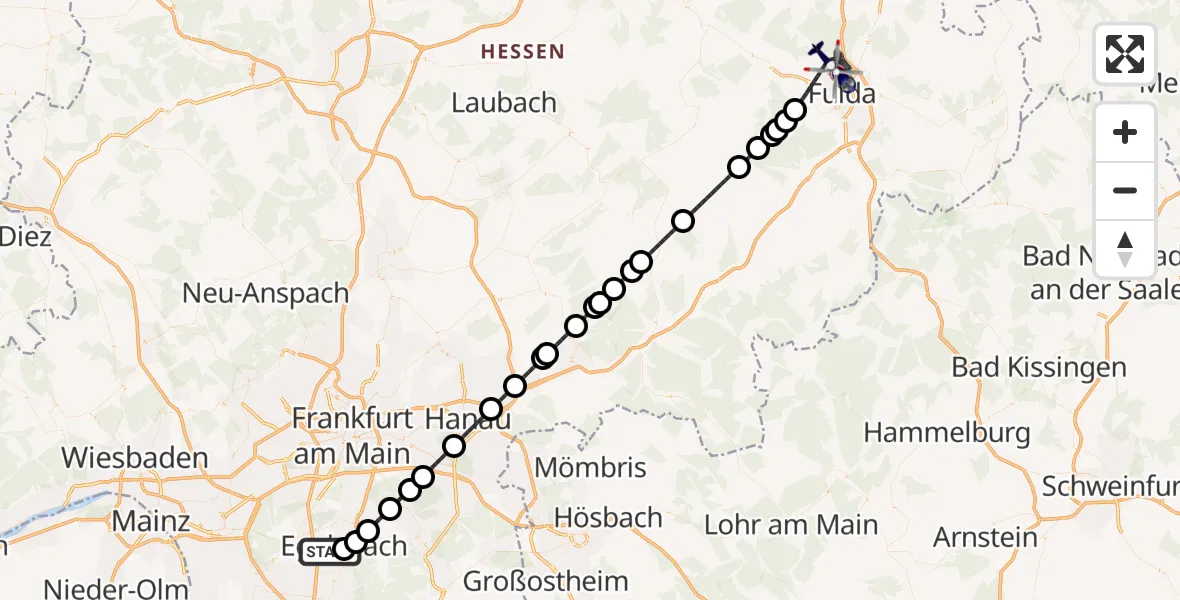 Flugroute Polizeihubschrauber Flughafen Frankfurt-Egelsbach - Fulda, 10 April 2026, 23:58