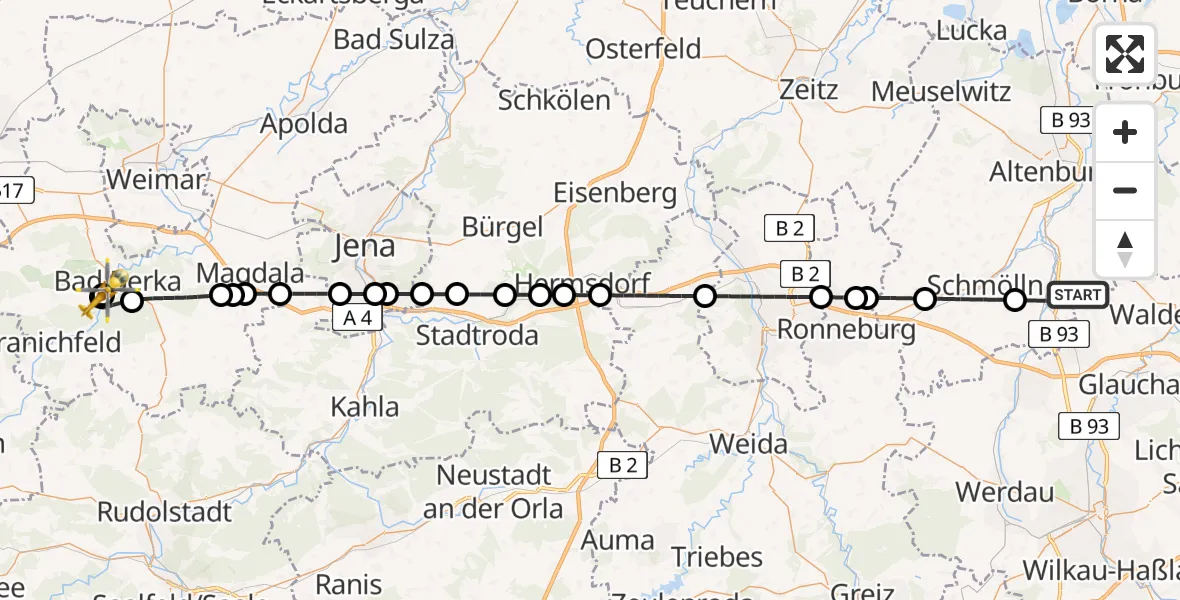 Flugroute Ambulanzhubschrauber Gößnitz - Bad Berka Central Hospital, 11 April 2026, 00:17