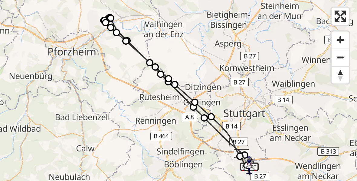 Flugroute Polizeihubschrauber Flughafen Stuttgart - Flughafen Stuttgart, 11 April 2026, 01:17