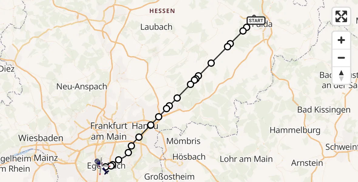 Flugroute Polizeihubschrauber Fulda - Flughafen Frankfurt-Egelsbach, 11 April 2026, 01:26