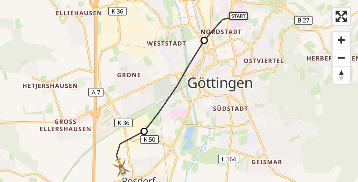 Flugroute Rettungshubschrauber Göttingen University Clinic Hubschrauberlandeplatz - Rosdorf, 11 April 2026, 06:20